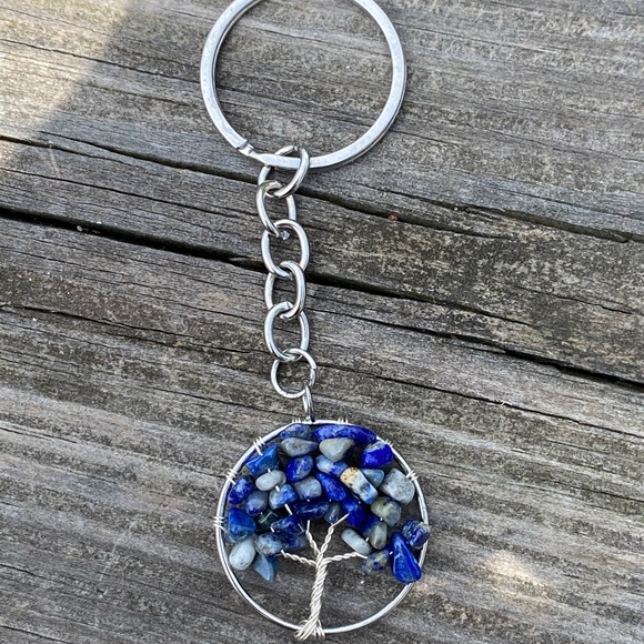 Genuine Lapis Lazuli gemstone tree of life wire wrapped key chain or bag fob - Picture 5 of 6